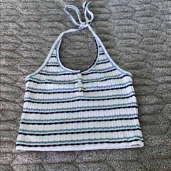 A black and white blue striped crop top. - Picture 1 of 2